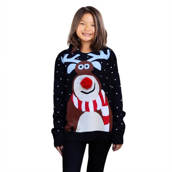 Chandail de Noël avec Renne Curieux pour Fille Chandail Ugly Christmas pour Fille