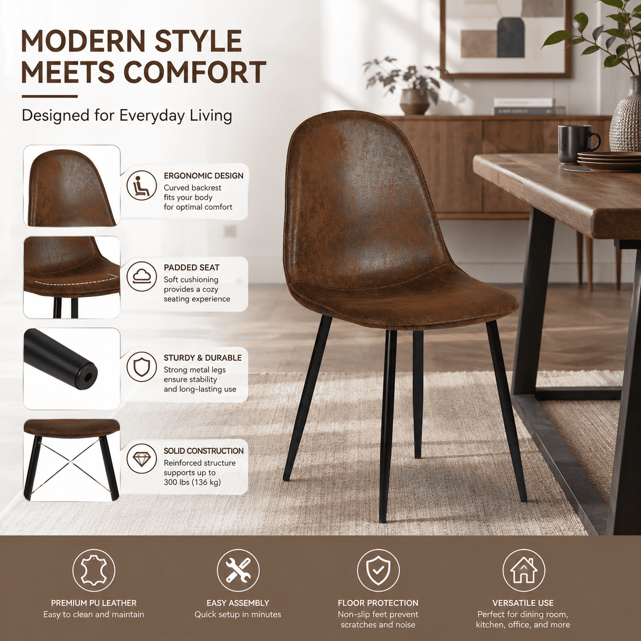 Homy Casa Kitchen Dining Chairs Set of 4, Brown Faux Suede Café Chairs with Metal Legs