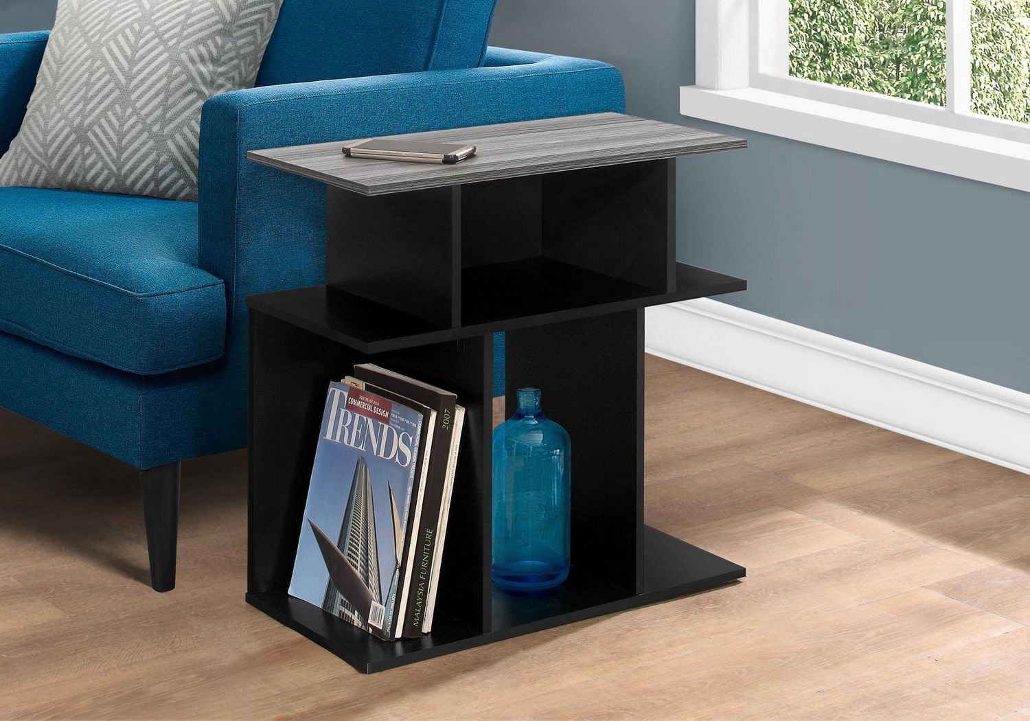 Monarch Specialties Table D'appoint, Côté, Bout, Table De Nuit, Lampe, Salon, Chambre À Coucher, Stratifié, Noir, Gris, Contemporain, Moderne