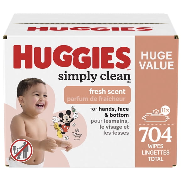Lingettes pour bébés Huggies Simply Clean au parfum frais, 11 emballage à couvercle rabattable (total de 704 lingettes)