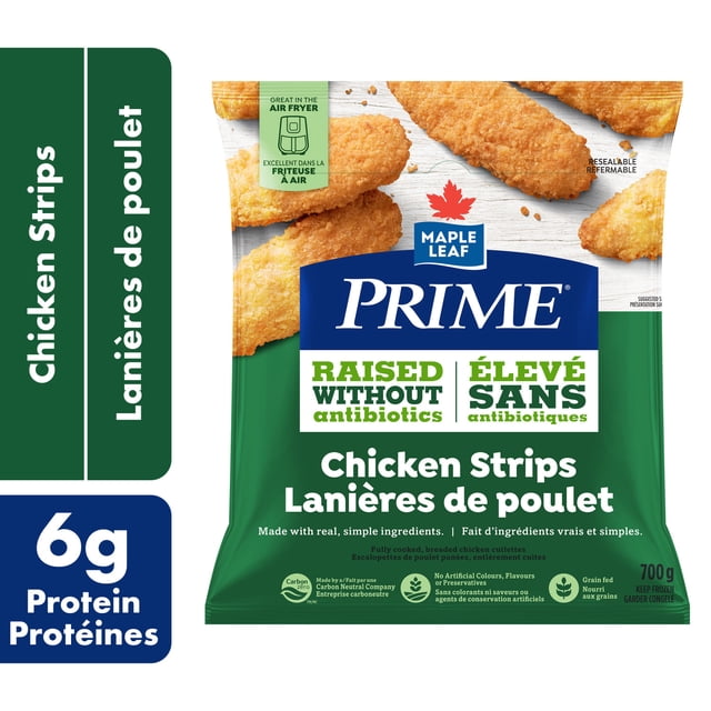 Prime Emballage de Lanières de Poulet Panées Montrant Doré, Lanières de Poulet Croustillantes Entièrement Cuites sur une surface en Bois Blanche, avec Emballage Vert et Bleu Mettant en Valeur des Lanières Surélevées Sans Antibiotiques, Sans Colorants Ni Agents de Conservation Artificiels, 6 g de Protéines par Portion, Compatible Friteuse à air Chaud, et Sac Refermable pour la Fraîcheur, Convient pour des Repas Familiaux Rapides Ou des Collations.