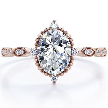 JeenMata Bague de Fiançailles Décorative Vintage à Serti Filigrané, Moissanite Ovale de 1,5 Carat à 5 Pierres avec Perlage, en Placage Or Rose 18K pour Femmes