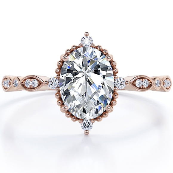 JeenMata Bague de Fiançailles Décorative Vintage à Serti Filigrané, Moissanite Ovale de 1,5 Carat à 5 Pierres avec Perlage, en Placage Or Rose 18K pour Femmes