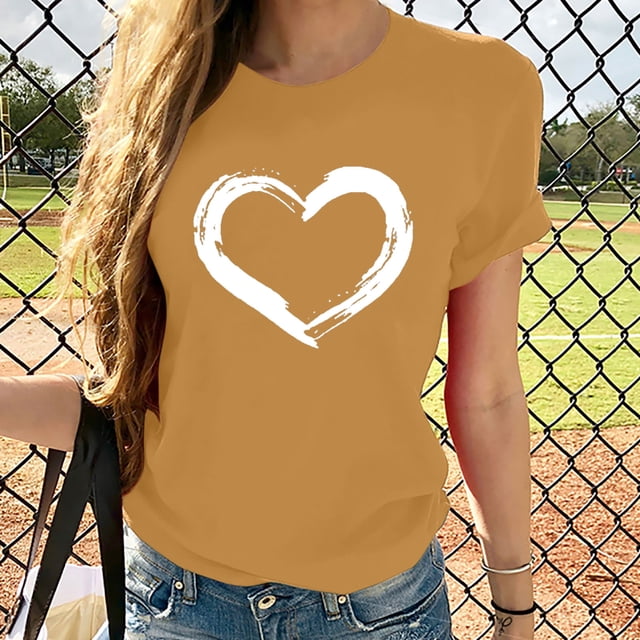 EGNMCR T-Shirts pour Femmes Femmes Manches Courtes Col Rond Imprimé en Forme de Cœur Hauts Décontractés Blouse T-shirt