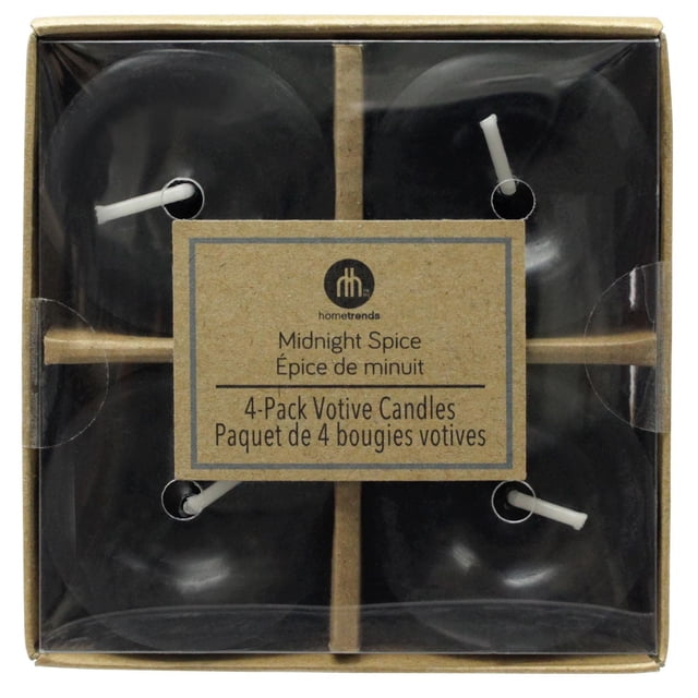 Hometrends Midnight Spice scented 4-pack votive candles with black wax and white cotton wicks, packaged in a square kraft cardboard box with clear plastic cover and bilingual label, suitable for indoor Christmas decoration and ambient lighting.