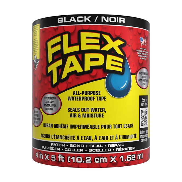 Flex Tape Rouleau Noir de 4 Pouces x 5 Pieds avec logo Jaune et Noir Audacieux sur Fond Rouge, Ruban d'Étanchéité Imperméable Tout Usage Qui Scelle l'Eau, l'Air et l'Humidité, Doté d'Un Épais Endos Caoutchouté pour Rapiécer, Coller, Sceller et Réparer Diverses surfaces en Rénovation Domiciliaire.