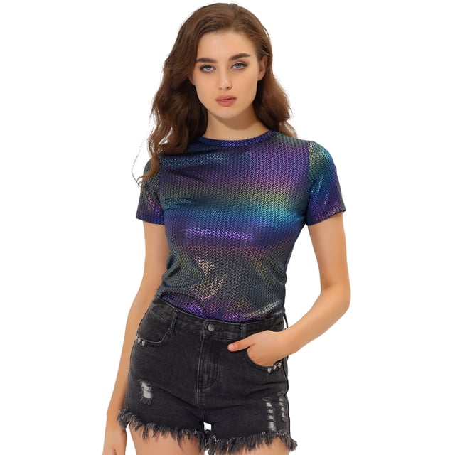INSPIRE CHIC Haut Multicolore Brillant à Manches Courtes Texturé Métallisé de Fête pour Femme Bleu Foncé m