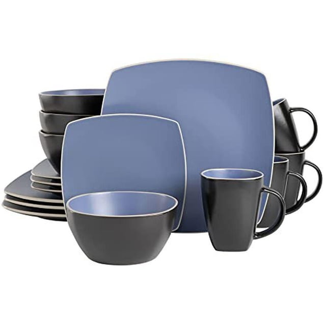 Soho Lounge Ensemble de Vaisselle en Grès Carré de 16 Pcs, Bleu Mat et Noir, Comprenant 4 Assiettes à Souper, 4 Assiettes à dessert, 4 Bols et 4 Tasses avec Glaçure Réactive au tutone. La Grès Durable Va au Micro-Ondes et au Lave-Vaisselle, Convient aux Repas de Tous les Jours Ou Formels.