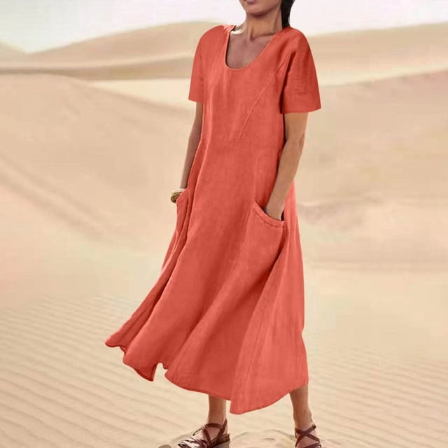 UPPADA Cocktail Robes pour Femmes 2025 Élégantes et Chic Robes d'Été pour Femmes 2025 Robe en Coton et Lin à Manches Courtes Col Rond Ample Décontractée Tunique Robes de Plage avec Poches Vestidos Para Mujer Casuales