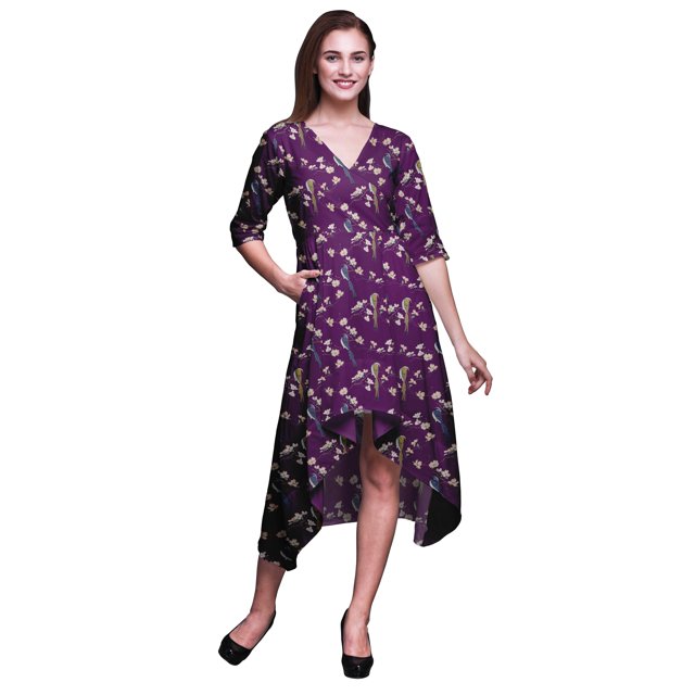 Bimba Robe Mi-Longue Classique en Coton Purple Blossom & Paradise Whydah Bird Imprimée à Manches Courtes avec Poches, Coupe Droite Asymétrique - XX-Grand