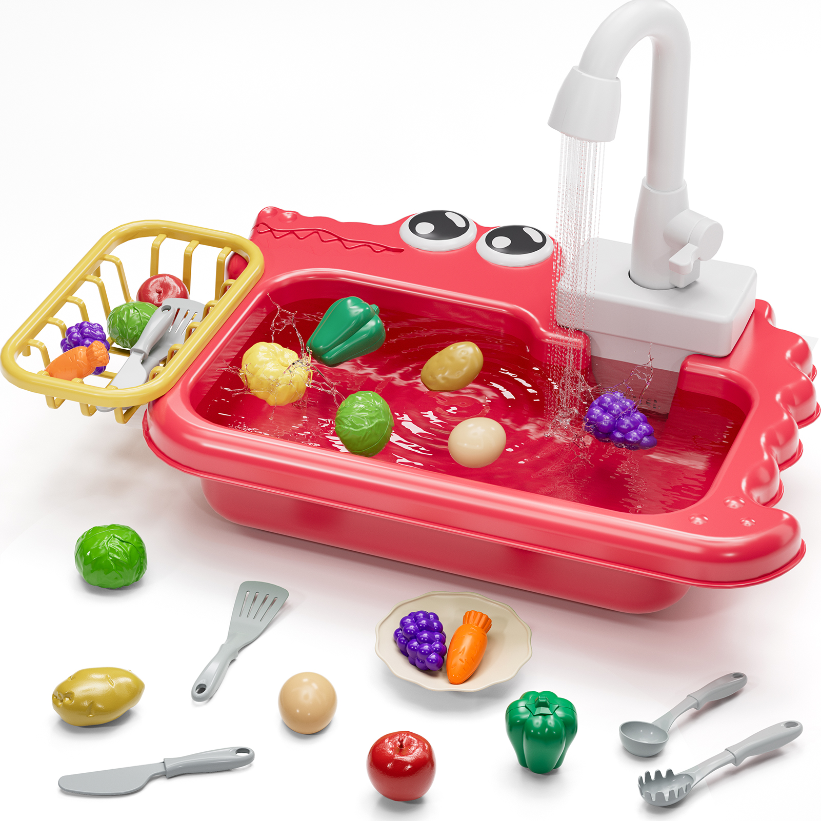 Mini Kitchen Play Sink Toys, Red, Girls Play Sink with Running Water Toys for Kids 3-6, Play Food Sets for Kids Kitchen Toys for Girls Ages 3 4 5