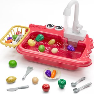 Mini Kitchen Play Sink Toys, Red, Girls Play Sink with Running Water Toys for Kids 3-6, Play Food Sets for Kids Kitchen Toys for Girls Ages 3 4 5