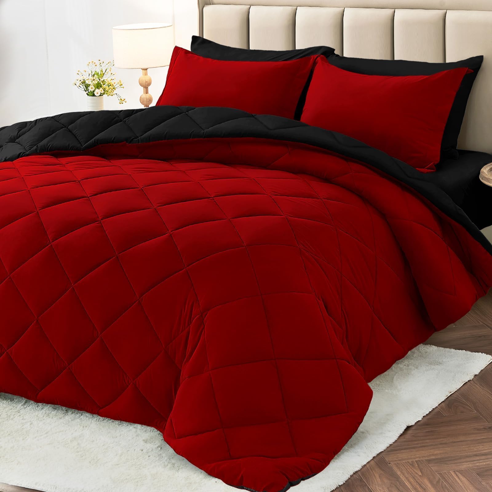 MUXHOMO 7 Pieces Queen Comforter Set, Reversible Bed in a Bag Queen Size, All Season Bedding Set with Comforter, Flat Sheet, Fitted Sheet, Pillowcases & Shams, Red & Bla