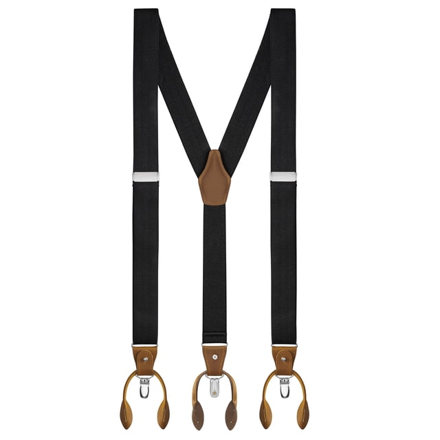 Buyless Fashion Suspenders For Men - 48" Adjustable Straps 1 1/4" - Y Back With Clips And Buttons. These black Y-back suspenders feature durable elastic straps, a leather crosspatch, and three sturdy clips with button attachments for secure trouser support. Adjustable up to 48 inches, they are suitable for various occasions such as weddings, work, or casual wear.