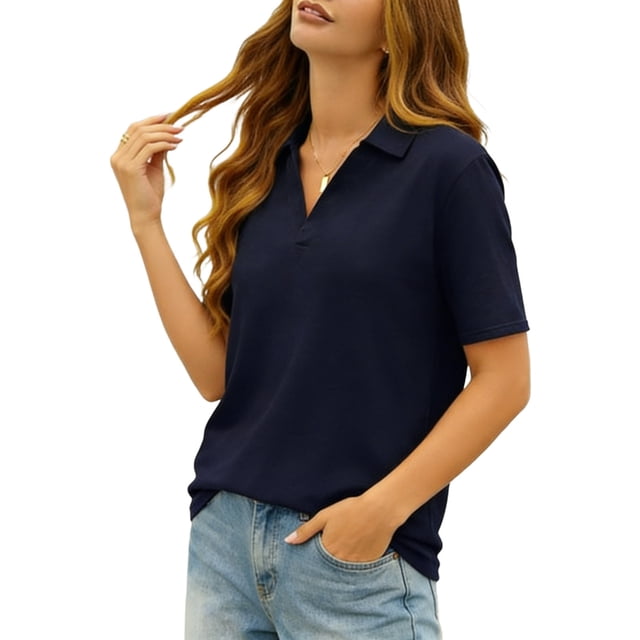 Short Sleeve Collared Shirt For Women, Loose Fit V-Neck Blouse Top, Casual Solid Color Knit Tee for Office or Weekend