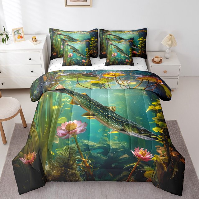 YST Fish Comforter Set 7 Pieces, Ocean Sea Animal Bedding Set, Cozy for All Season, King (7 Count)