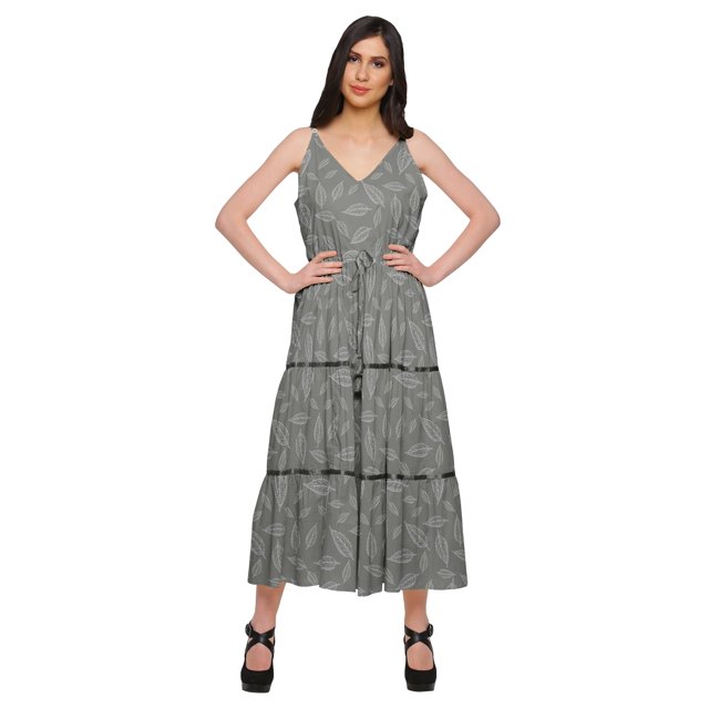 Moomaya Robe Longue Maxi pour Femmes en Coton Imprimé à Bretelles Spaghetti et Col en V