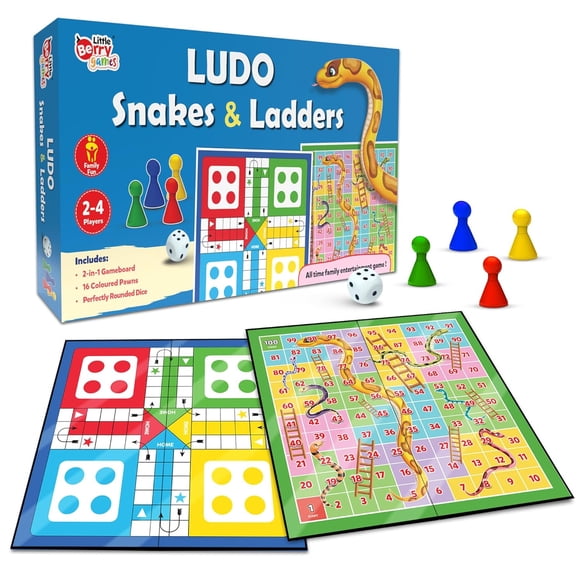 Ludo & Snakes & Ladders Grand Jeu de Société / Plateau de Jeu Pliable 14”X14” avec dés / Jeux de Société 2-en-1 pour Adultes et Famille / Convient aux Voyages, Cadeaux et Soirées Amusantes