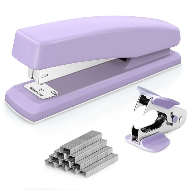 Deli Stapler, Desktop Stapler, Office Stapler in purple with a 20-sheet capacity, shown alongside 1000 staples and a staple remover. This ergonomic office accessory features a full-strip design holding up to 210 staples, a rotatable anvil for temporary and permanent stapling, and a 180-degree opening for bulletin board tacking. Includes a non-skid rubber base for stability and precision.