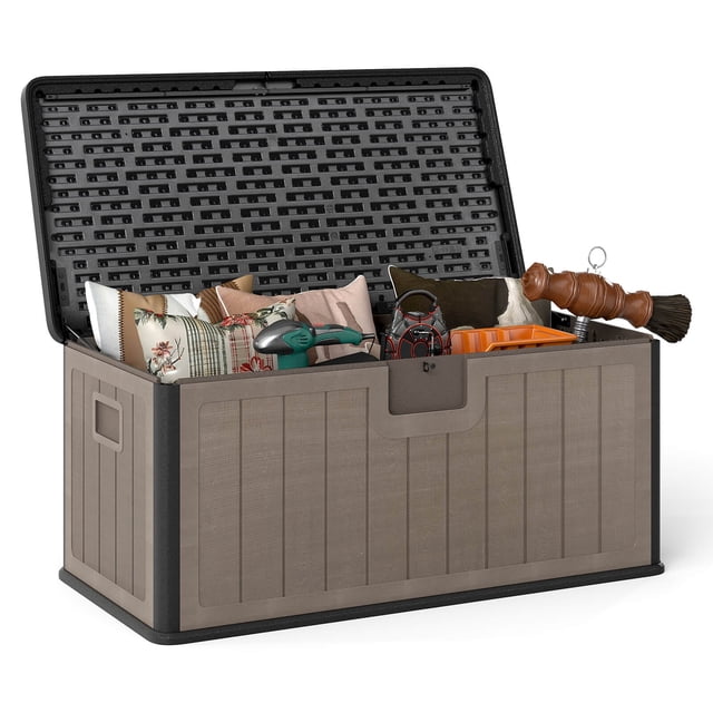 Costway Storage Box with Lockable Design & Gas Strut Handle 2 Person Bench Garden Organizer. A 100-gallon capacity outdoor storage box made of HDPE material in black and brown, featuring a lockable lid, gas strut for easy opening, and reinforced aluminum alloy corners. The box is shown open, containing various items like cushions, tools, and garden supplies. It doubles as a bench for two people, supporting up to 400 lbs, and is suitable for outdoor spaces like patios, backyards, and poolside areas.