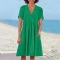 thumbnail image 2 of Swstbby Liquidation d'Économies d'Été! Robe d'Été pour Femmes, Robe Décontractée Ample Rétro en Coton et Lin à Manches Courtes, Col en V, Plissée, Verte TG, 2 of 5