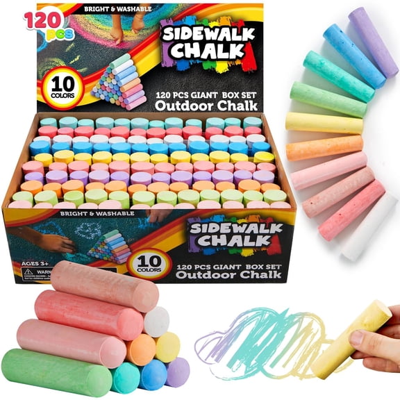 Joyfy 120 Pcs Chalk for Kids, Giant Box Non-toxic Jumbo Washable Sidewalk Chalk Set in 10 Colors (120 Pieces) for Outdoor Art Play, Painting, Chalkboard, Blackboard and Playground