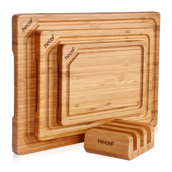 Hecef Carbonized Bamboo Cutting Board Set and Stand, 3 Reversible Chopping And Serving Boards, 15 inch