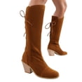 thumbnail image 1 of LSLJS Bottes Cavalières à Talon Épais Unies pour Grandes Femmes avec Laçage à l'Arrière, Bottes Hautes, Bottes Compensées Mi-Mollet pour Femmes, 1 of 6
