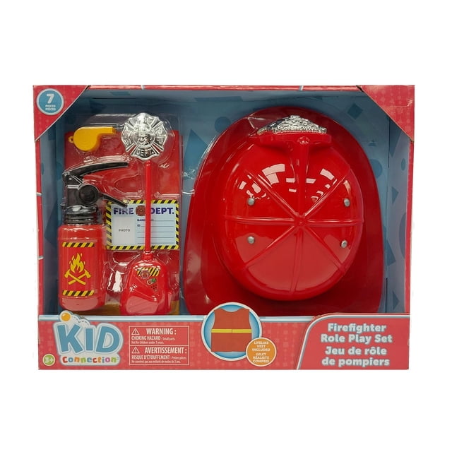 Kid Connection Firefighter Role Playset with 7 pieces including a red plastic firefighter helmet, lifelike vest, toy fire extinguisher, walkie-talkie, badge, whistle, and name card, designed as an educational toddler playset for imaginative role play.