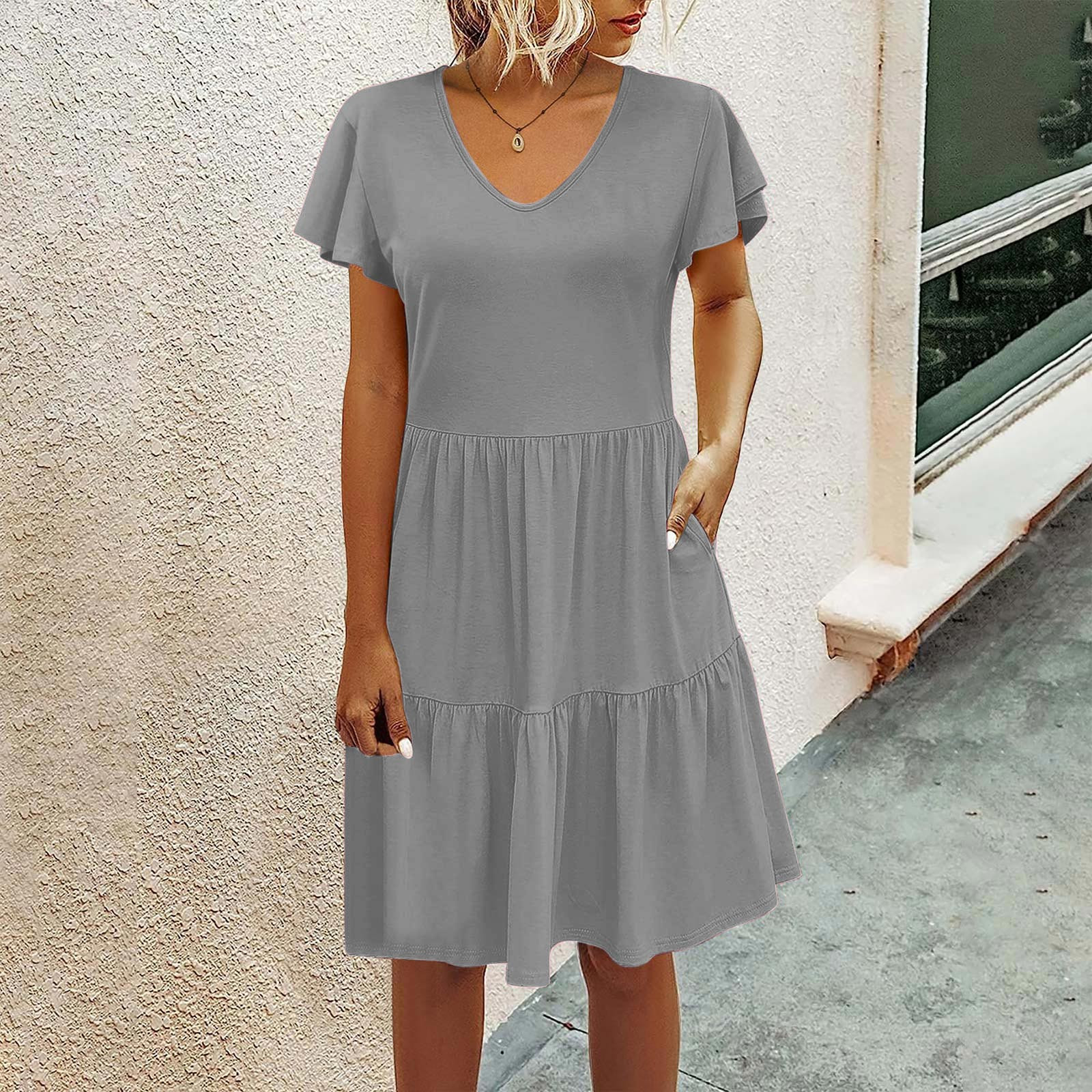 Jusqu'à 65 % de Rabais! Robes d'Été Mode pour Femmes 2024 Grande Taille Décontractées Amples Robe Débardeur Plage Col en V avec Poche Robe d'Été Manches Courtes Robes