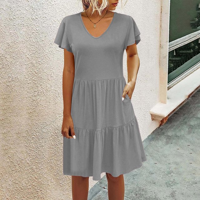 Robes pour Femmes 2024 Été Surdimensionnée Décontractée Ample Robe Débardeur Plage Col en V avec Poche Robe d'Été Manches Courtes Robes Rabais de 50 % Liquidation!