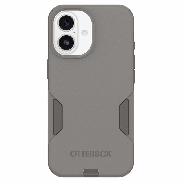OtterBox Commuter MagSafe Case w/Camera Control Grey Comfort for iPhone 17, rear view of a slim dual-layer grey case with textured side grips, precise cutout for dual cameras and flash, built-in magnets for MagSafe compatibility, and embossed OtterBox logo, designed for rugged drop protection and daily use.