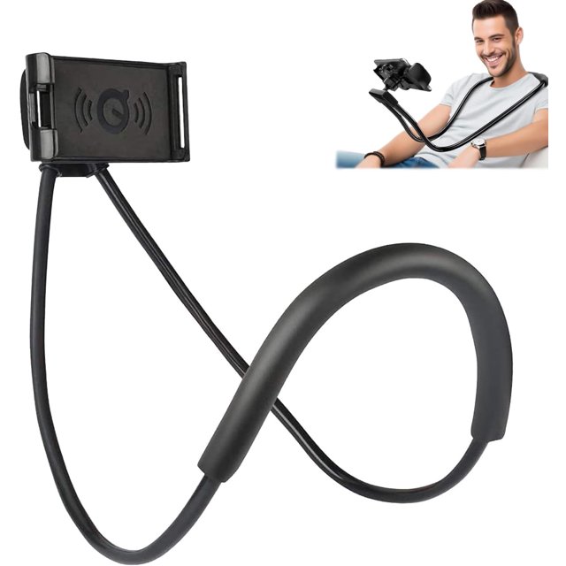 Cell Phone Stand Hanging on Neck Upgraded, Juerly Hands-Free Mobile Phone Holder Clip on Bed/Table 360° Rotation iPhone Tablet Mount Bracket, 27.6''/70 cm Length for 4.7''-7.6'' Screen