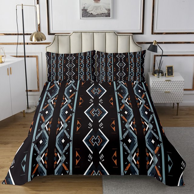 Western Quilt Set Geometric Aztec Bedspread Set Twin,Southwestern Coverlet Set Geometry Diamond Quilted,Retro Exotic Stripes Western Decor for Bedroom
