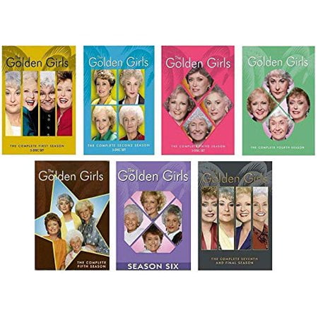 The Golden Girls: The Complete Series DVD collection, including all seven seasons. Each season features a unique, colorful cover design in shades of yellow, blue, pink, green, brown, and black. Region 1 compatible for Canada and the US, in English. Released by Buena Vista Home Entertainment.