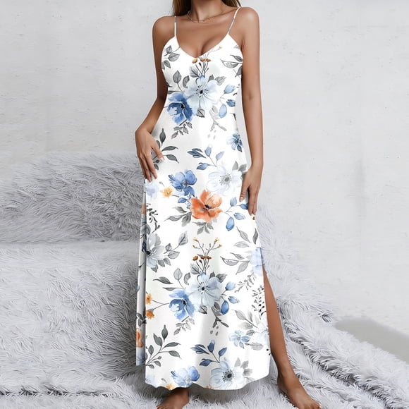 Mceream Boho Dresses for Women Plus Size 2026 Casual A Line Spaghetti Strap V Neck Maxi Sundress Side Split Silk Floral Graphic Dresses Beach Vacation Clothes Multicolor XXL