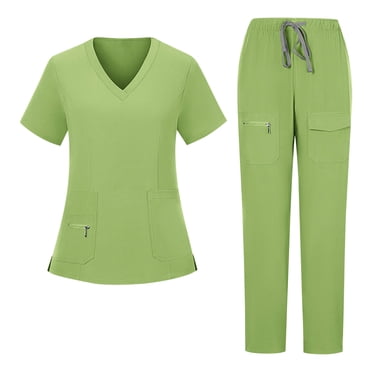 Amzcrzy Scrubs for Women Set V Neck Short Sleeve Scrubs Tops Elastic Waist Drawstring Pants Workwear Solid Color Working Uniform with Pockets