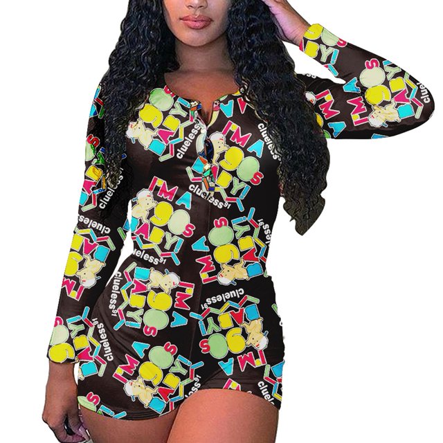 Combinaison Décontractée à Manches Longues pour Femmes Impression de Mode Minceur Taille Haute Combinaison Courte
