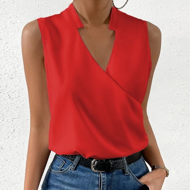 Zanvin Débardeurs pour Femmes, Haut de Chandail Sans Manches à Col en V Uni Décontracté d'Été pour Femmes, Couleur Rouge Vif. le design Sans Manches Présente un Col en V Flatteur et un Tissu en polyester Léger, Idéal pour un Style Décontracté, Quotidien Ou de Fête. Assorti à des jeans Bleus et à une Ceinture Noire, Mettant en Valeur Sa Polyvalence pour Diverses occasions.