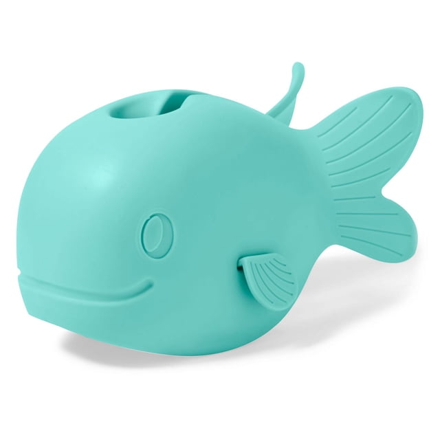Skidaddle By Skip Hop Spout Cover in turquoise soft rubber shaped like a smiling fish with adjustable fins to fit most bath spouts and a top opening for easy shower diverter access, designed to protect babies from bathtub bumps.