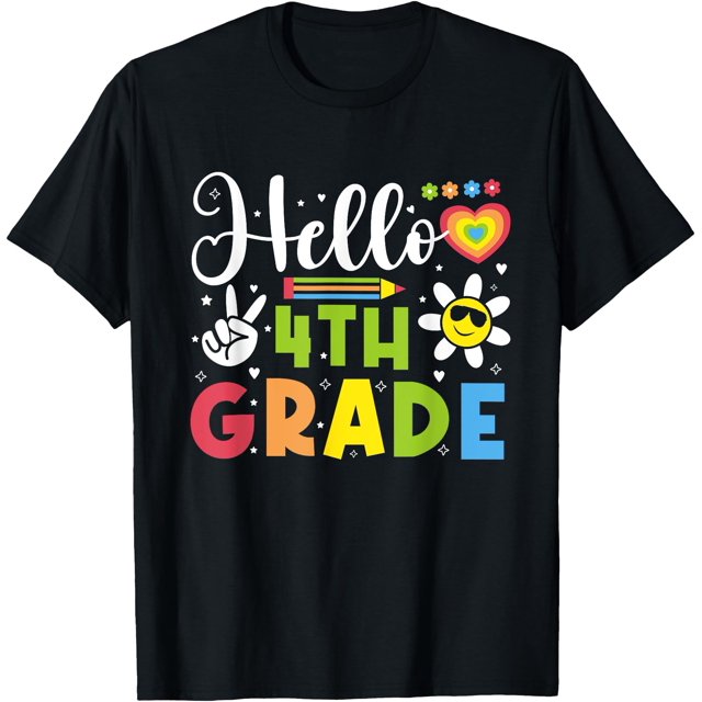 Hello Quatrième 4e Année Joyeux Premier Jour d'École T-Shirt Filles - comme sur l'Image - 3TG