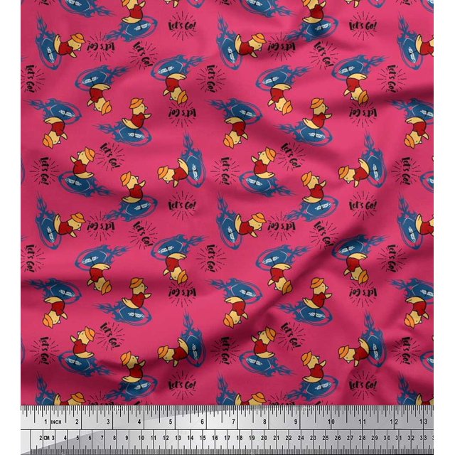 Soimoi Polyester Crepe Fabric Text,Rugby Ball & Bird Cartoon Print Fabric by The Yard 42 Inch Wide