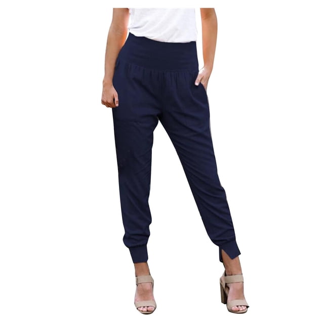 Pantalons pour Femmes Taille Haute Mode Décontractée Pantalons Taille Haute Fendue Poche Couleur Unie Longueur Pantalons Raccourcis Femmes Pantalons Décontractés