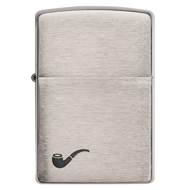 Zippo Briquets à Tuyau (200 PL) Briquet en Métal Chromé Brossé avec une Petite Icône de Tuyau Noire en Bas à Gauche, Doté d'Un design Coupe-Vent et Rechargeable avec Couvercle à Charnière pour Fumeurs de Tuyau, Convient au camping et à l'Utilisation Extérieure.