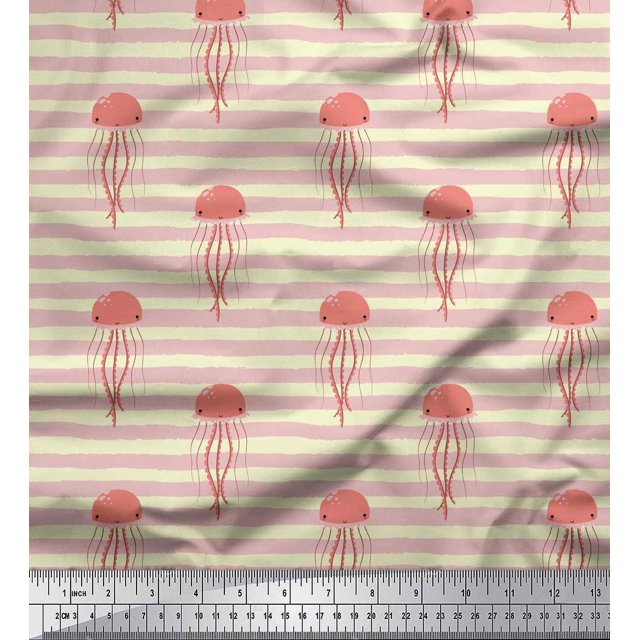 Soimoi Yellow polyester Crepe Fabric Stripe & Jellyfish Ocean Print Sewing Fabric Yard 42 Inch Wide