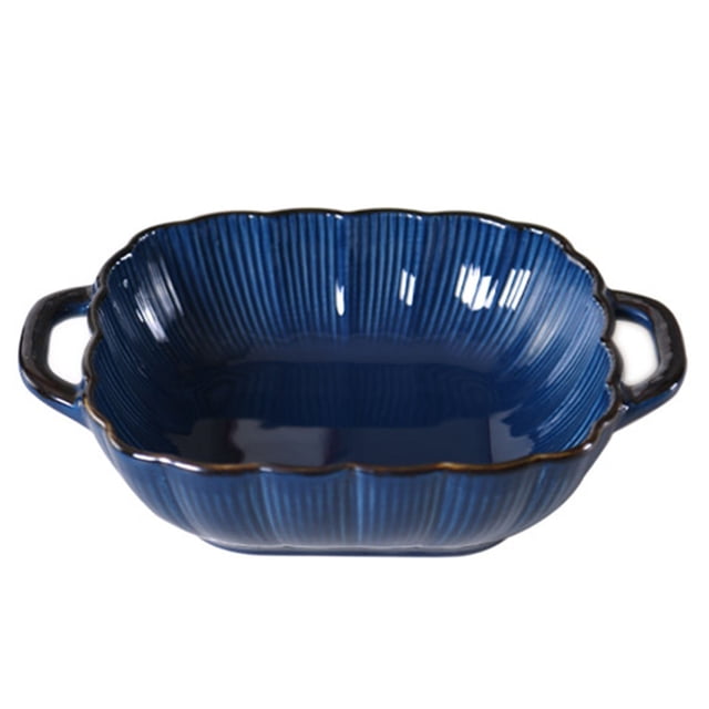 Qeeadeea Rectangular Lasagne Pan With Handle, a small ceramic baking dish ideal for single servings, displayed in a vibrant blue porcelain finish with ribbed texture and scalloped edges. Measuring 21x16.5x5cm with a 500ml capacity, it features sturdy handles for easy transport. Suitable for lasagna, casseroles, and other baked dishes, it is oven, microwave, and dishwasher safe.