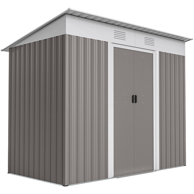 Outsunny 7' x 3.6' Metal Outdoor Storage Shed w/ Sliding Doors Light Grey — front-facing metal storage shed in light grey galvanized steel with sloped roof, corrugated steel panels, double sliding doors with lock hasp and two ventilation slots; overall 85.4" x 43.3" x 62.2"–68.5" (217 x 110 x 158–174 cm). Suitable for storing gardening tools, small lawn equipment and outdoor supplies.