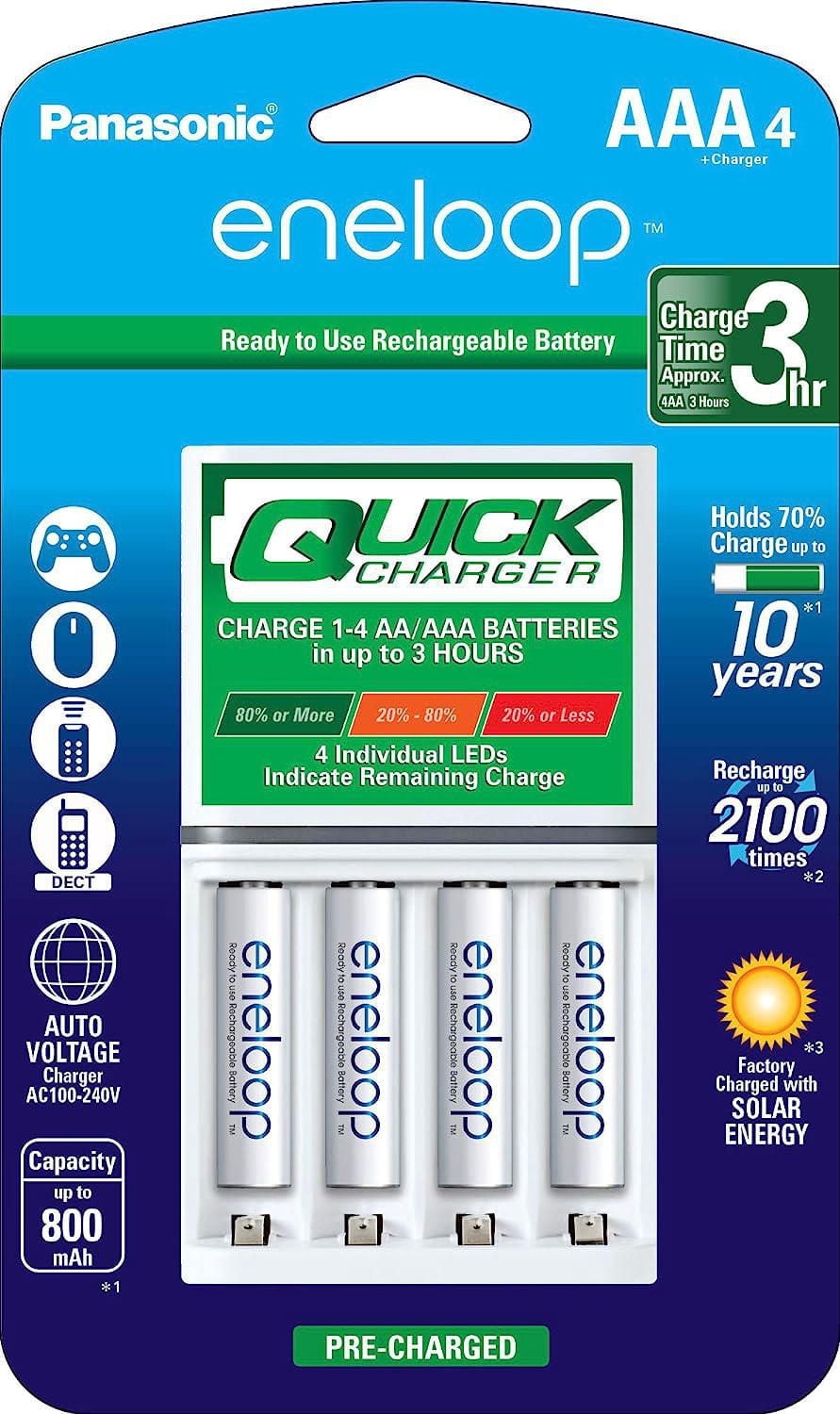 Panasonic Eneloop individuelle avancée 3 heures Chargeur rapide avec 4 piles AAA rechargeables, Blanc