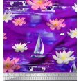 thumbnail image 1 of Soimoi Purple Cotton Poplin Fabric Yacht & Lotus Flower Print Fabric by The Yard 56 Inch Wide, 1 of 3
