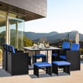 thumbnail image 2 of Outsunny 9 Pieces Wicker Patio Dining Set Outdoor Furniture Set with Removable Cushions, Glass Top Dining Table, Ottomans, PE Rattan Conversation Set for Garden Poolside, Blue, 2 of 10